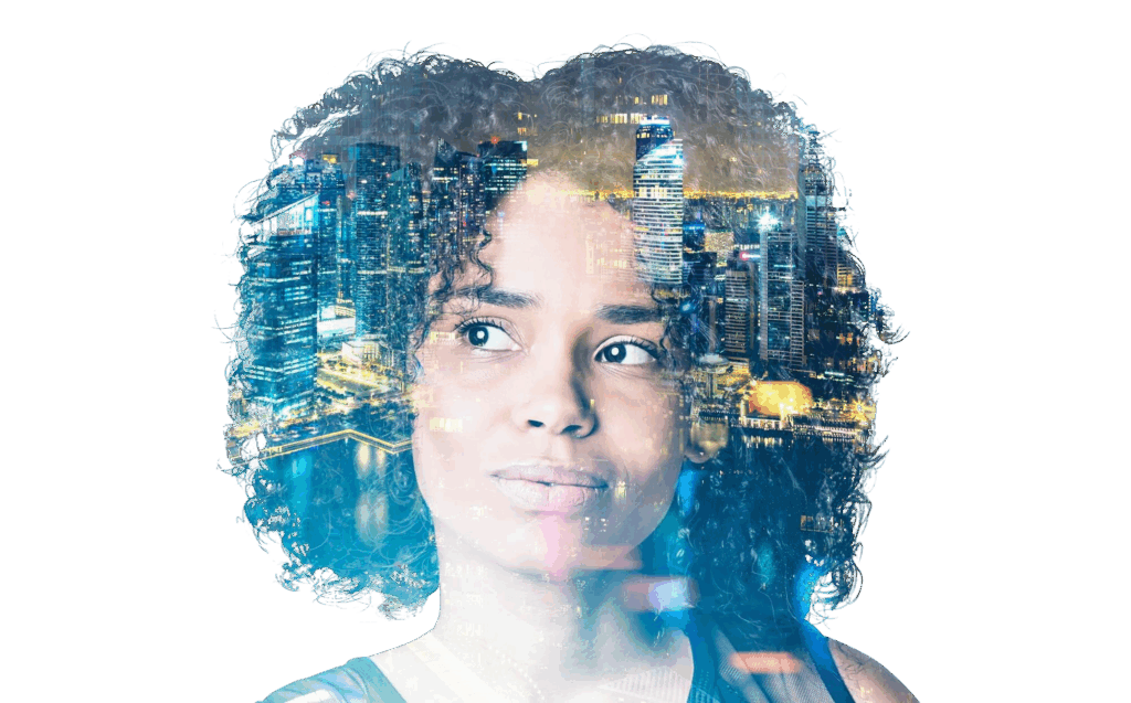 gorgeous young african american woman thinking planning night city with skyscrapers reflecting surface foreground toned image double exposure Solutions Marketing