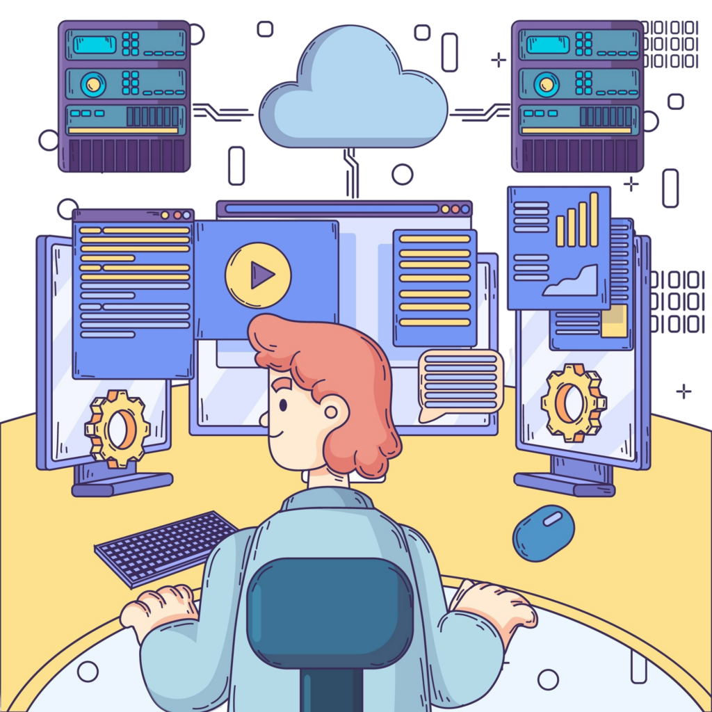 hand drawn website hosting illustration Gestion de serveurs Linux & Windows